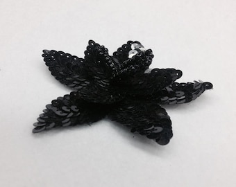 Black Sequined Flower with Black Beads Beaded Applique 3D look