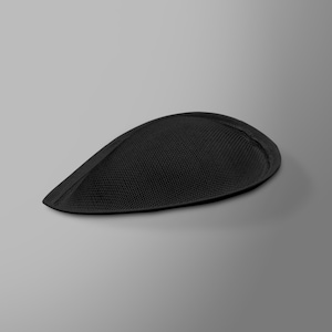 May include: A black, teardrop-shaped hat with a mesh texture. The hat has a rounded brim and a slightly curved shape. The hat is made of a dark material and is likely a type of cap or hat.