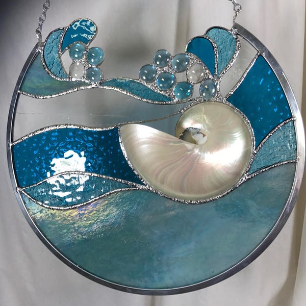 Aqua Dream Wave 12.5 Inch Stained Glass Panel with Polished Nautilus in Silver