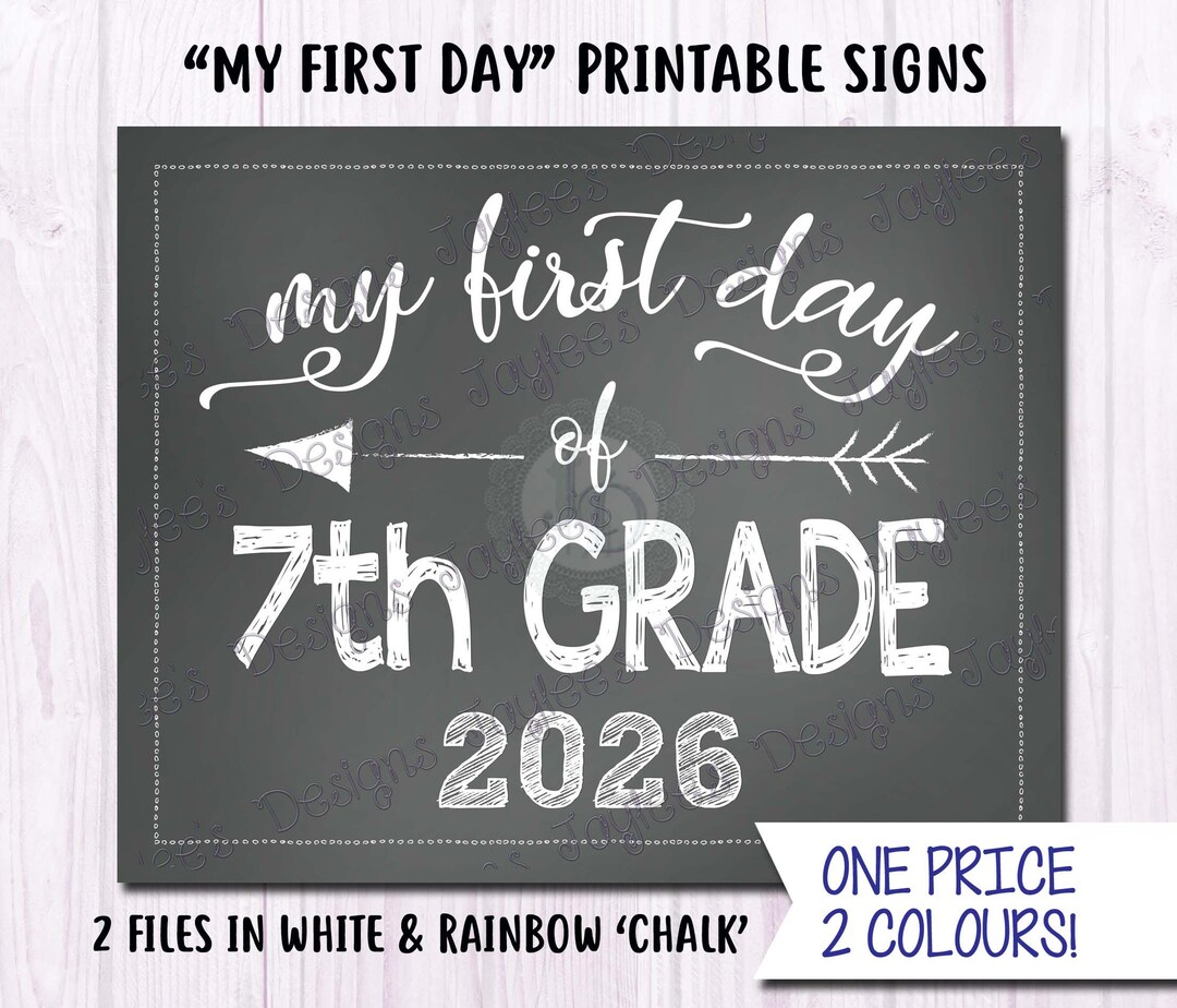 7th GRADE Chalkboard Sign - First Day of School 2026 - 2 Colour Choices ...
