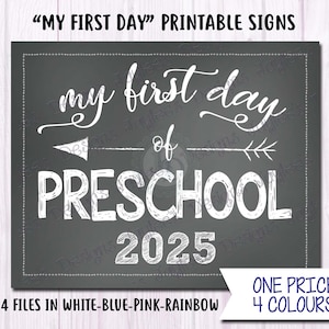 First Day of PRESCHOOL - 2025 - 4 kleurkeuzes! Bordbord afdrukken INSTANT Download Print Yourself, Back to School-borden