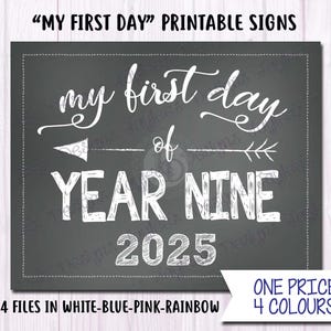 Erster Tag des JAHRES NEUN - 2025 - 4 Farbvarianten! Kreidetafel, Tafelbild, SOFORTIGER Download, zum Selbstausdrucken, Back to School Schilder