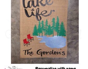 Lake Life Burlap Flag with campfire and lake/Free Shipping!!/ Customized Camping Burlap Garden Flag Yard Whimsical Saying gift