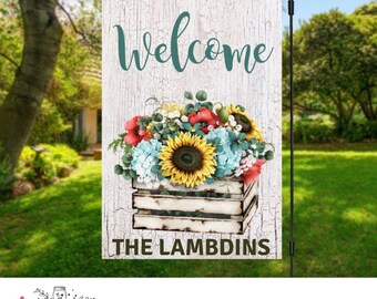 Flag - Welcome With flower box and flowers/Personalized/Garden Flag - Decorative item for your walkway/yard..Free Shipping!