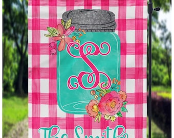 Flag - Initial in Mason Jar cotton pink teal gingham plaid/Personalized Garden Flag/Decorative item for your walkway/yard..Free Shipping!