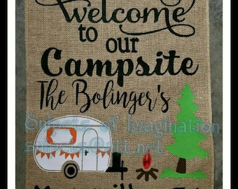 Welcome to Our Campsite/Free Shipping!!/ Customized Camping Burlap Garden Flag with camper/Yard/Campsite/ Whimsical Saying gift