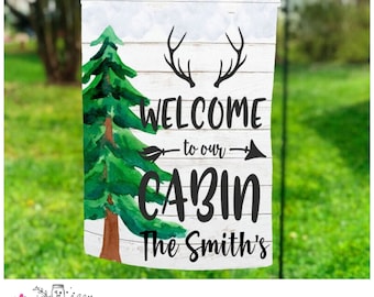 Flag - Welcome to our Cabin on shiplap look background, Pine Tree, Clouds/Personalized Garden Flag for your walkway or yard..Free Shipping!