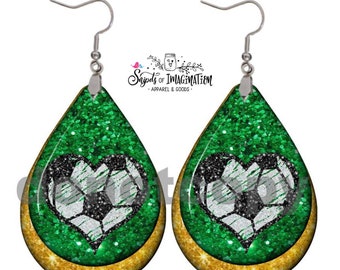 Earrings - Teardrop//Green Gold Glitter with heart soccer ball// Printed hardboard//Stainless Steel Hardware//**Includes USPS Shipping***