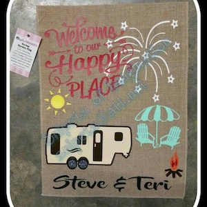 Welcome to Our Happy Place with Fifth Wheel Camper/ Free Shipping!!/Customized Camping Burlap Garden Flag Yard Whimsical Saying gift