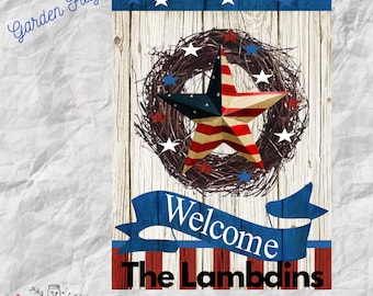 Flag - Patriotic Star and American flag/Wood Look background with Wreath/Personalized/Decorative item for your walkway/yard..Free Shipping!