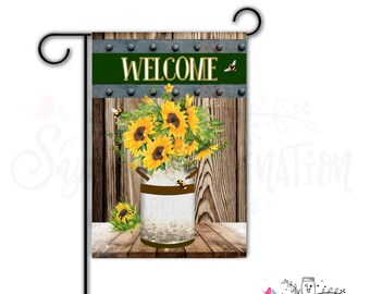 Flag - Farmhouse Welcome with Sunflowers, Milk can on wood look background /Garden - Decorative item for your walkway/yard..Free Shipping!