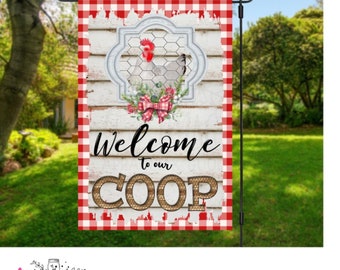 Flag - Welcome to our Coop with Chicken, red plaid trim/Garden - Decorative item for your walkway/yard..Free Shipping!