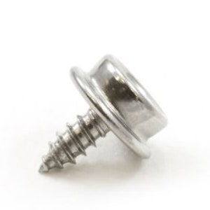 May include: A shiny, silver-colored screw with a wide, flat head and a threaded shaft. The screw is designed for fastening and features a circular head with a raised edge. The metal fastener is set against a white background.