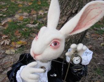 White Rabbit toy Alice in Wonderland Needle felt toy interior doll Mad Tea party decor March hare mad hatter wool felted