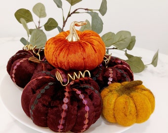 Pumpkins Table Decoration Halloween and Thanksgiving Soft Velvet Burgundy Orange Gold