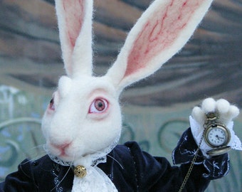 Needle Felted White Rabbit Alice in Wonderland Tim Burton Lewis Carrol felting soft sculpture mad tea party decor wedding collection doll