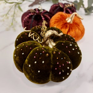 Pumpkins table decoration Halloween and Thanksgiving Day soft velvet burgundy orange olive gold