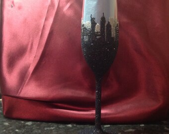 New York Skyline Independence day glitter champagne flute