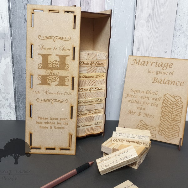 Wooden block game wedding Guestbook, 54, 78, 102 or 153 blocks in an engraved keepsake box. Sign optional. JEN6