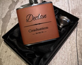 Graduation Gift Hipflask Set  6 oz Pu Leather Wrapped Flask ~ Stainless Steel 6oz Flask ~ Personalised Flask Gift (LF51)