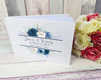 Personalised Wedding Guest Book, Navy Blue Roses, Floral Guestbook, Custom Wedding Book