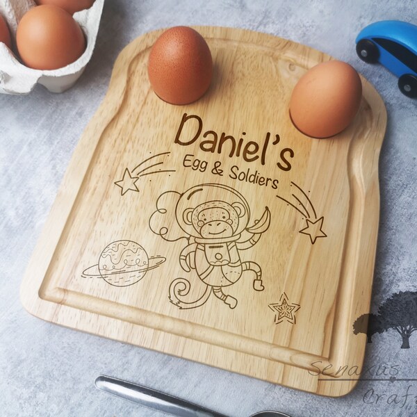 Personalised Children's Space Monkey Design Egg Soldiers Bread Board, Great For All Explorative Kids, Great Gift For All Occasions