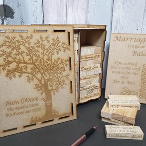 Wooden block game wedding Guestbook, 78,102 or 153 blocks in an engraved keepsake box. Sign optional. JEN2