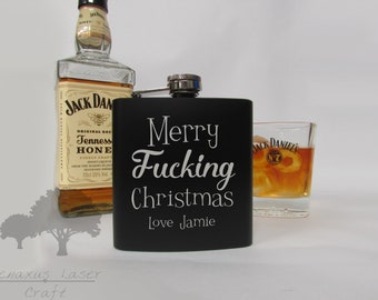 Personalised 6 Oz Christmas hip flask, funny rude christmas gift. Come in Black, Silver or Pink.