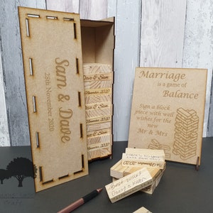 Wooden wedding Guestbook, 54, 78, 102 or 153 block game, blocks in an engraved keepsake box. Sign optional. JEN5