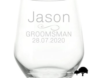 Personalised Wedding Design stemless wine/spirit Glass. Great Wedding Gift for Ushers, Grooms or Fathers of the Brides