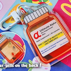 Pode incluir: Um porta-chaves de acrílico transparente em forma de frasco de comprimidos, com o texto "Ultimate Alpha Rut Suppressant" e "Daily Supplement". O porta-chaves tem um fecho branco e contém comprimidos agitadores na parte de trás.