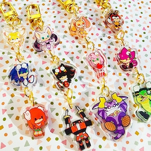 May include: A set of 10 colorful character keychains featuring characters from the Sonic the Hedgehog video game franchise. The keychains are made of clear acrylic and feature various characters, including Sonic, Tails, Knuckles, Amy, Shadow, and more.