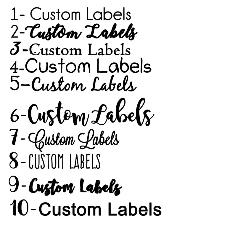 Op de afbeelding: Een lijst met nummers 1 tot en met 10 met de tekst "Custom Labels" naast elk nummer. De tekst is in een zwart cursief lettertype.