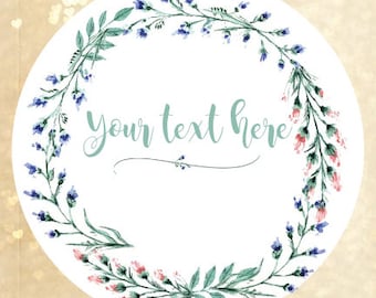 Flower Wreath Custom Circle Labels, Personalized Stickers