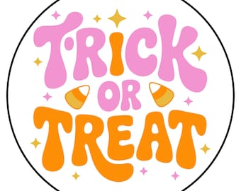 Trick or Treat Halloween Stickers – Pink & Orange Candy Corn Labels | 1.5" or 2" Round Stickers