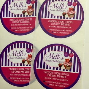 May include: Four round stickers with a purple and white striped background. The stickers feature a logo with the text "Melli's Sweet Addictions" and a cupcake with pink frosting and strawberries. The text "Cakepops, Sugar Cookies, Cupcakes and More" is printed below the logo. The text "MELLIS.SWEETADDICTIONS@GMAIL.COM", "FACEBOOK.COM/MELLIS.SWEETADDICTIONS", and "@MELLIS_SWEETADDICTIONS" are printed below the text.