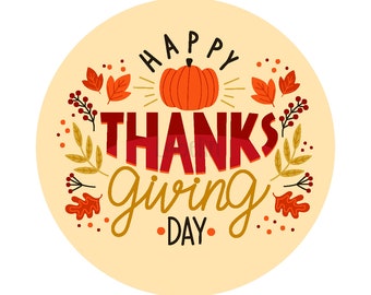 Happy Thanksgiving Stickers, Fall Leaves, 2 inch Circle