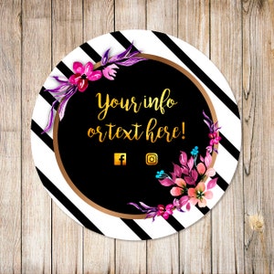 May include: Black and white striped circle with a gold border and floral design. The circle has a black centre with the text "Your info or text here!" and social media icons for Facebook and Instagram.