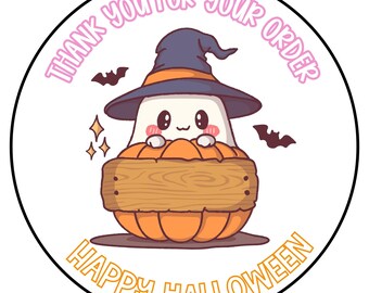 Cute Halloween Thank You Stickers – Ghost Witch Hat & Pumpkin Basket | 1.5" or 2" Round Treat Bag Labels