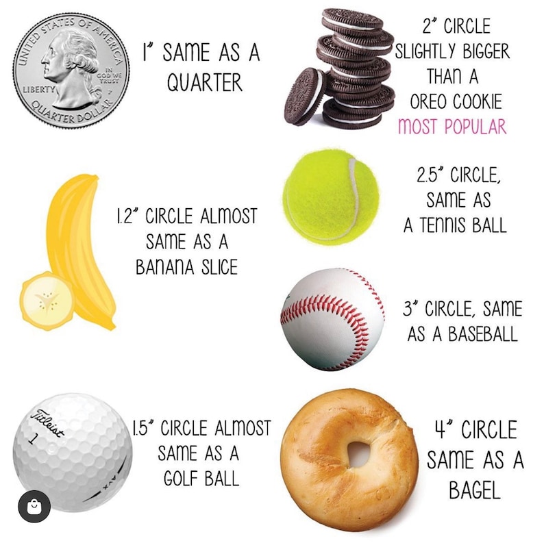 May include: A visual guide to different circle sizes, comparing them to everyday objects.  A US quarter, a banana slice, a tennis ball, a baseball, a golf ball, and a bagel are shown next to circles of corresponding sizes.