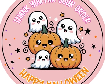 Halloween Thank You Stickers – Pink Ghost  Pumpkin Labels for Small Business Packaging, Treat Bags & Party Favors | 1.5" or 2" Round