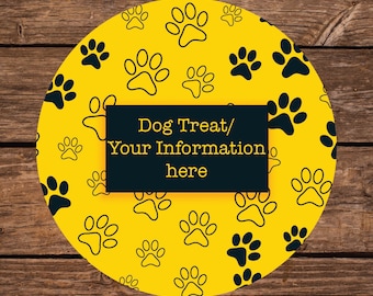 May include: Yellow circle with black paw prints and the text "Dog Treat/Your Information here" in a black rectangle.
