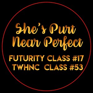 以下が含まれることがあります： 黒い背景に赤い輪郭のある金色の円。テキスト「She's Purr Near Perfect」は金色の筆記体で書かれています。テキストの下には、金色のサンセリフフォントで「FUTURITY CLASS #17」と「TWHNC CLASS #53」が書かれています。