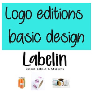 May include: A turquoise blue background with the text "Logo editions basic design" in black. Below the text is the company name "Labellin" in black with the tagline "Custom Labels & Stickers" in black. The image shows three examples of labels: a round label with a pink and white design, a rectangular label with a white and blue design, and a rectangular label with a white and brown design.