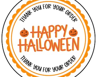 Happy Halloween Thank You Stickers – Pumpkin Small Business Packaging Labels | 1.5" or 2" Round Stickers