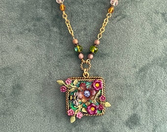 Whimsical Dimensional Gold Plated Hand-painted Floral Pendant Necklace, OOAK, Signed
