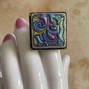 Hand-Painted Embossed Antique Silver Ring with Scroll Design, Adjustable
