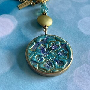 Embossed Floral Necklace  Hand-painted Czech Glass Beads OOAK Signed