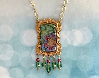 Boho Floral Embossed Pendant Necklace  Hand-painted, Czech Glass Beads, OOAK, Signed