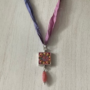 Silver Plated Embossed Floral Hand-Painted Pendant with Czech Bead